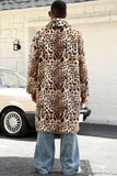 Coffee Leopard Shawl Collar Long Faux Fur Men's Coat