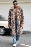 Brown Leopard Thick Faux Fur Open Front Long Men's Coat