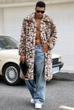 Brown Leopard Thick Faux Fur Open Front Long Men's Coat