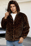 Brown Leopard Faux Fur Hooded Men's Winter Coat