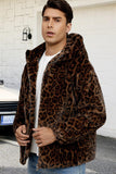 Brown Leopard Faux Fur Hooded Men's Winter Coat