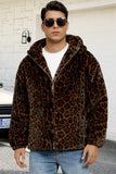 Brown Leopard Faux Fur Hooded Men's Winter Coat