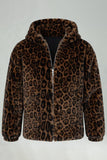 Brown Leopard Faux Fur Hooded Men's Winter Coat
