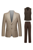 Khaki Coffee Peak Lapel Single Breasted Men's 3 Piece Suits