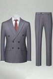 2 Piece Striped Double Breasted Khaki Men's Suits