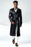 Black Leather Notched Lapel Men's Trench Coat with Belt