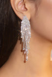 Sparkly Fashion Silver Fringed Long Prom Drop Earrings with Rhinestones