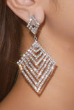 Sparkly Silver Long Prom Square Drop Earrings with Rhinestones
