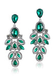 Sparkly Dark Green Leaf Shaped Long Prom Drop Earrings with Rhinestones