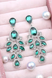 Sparkly Dark Green Leaf Shaped Long Prom Drop Earrings with Rhinestones
