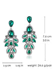 Sparkly Dark Green Leaf Shaped Long Prom Drop Earrings with Rhinestones