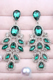 Sparkly Dark Green Leaf Shaped Long Prom Drop Earrings with Rhinestones