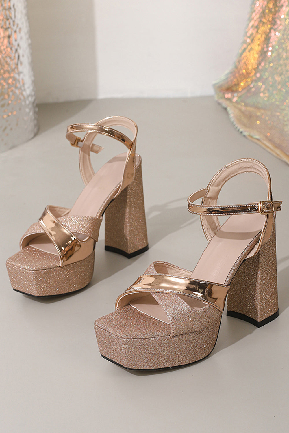 Zapaka Women Glitter Rose Golden Chunky Open Toe Prom High Heels, Rose Pink / US8.5 Zapaka Women Glitter Rose Golden Chunky Open Toe Prom High Heels, Rose Pink / US8.5
