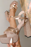 Glitter Rose Golden Chunky Open Toe Prom High Heels