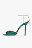 Sparkly Dark Green Rhinestones Stilettos High Heels Sandal with Ankle Chain