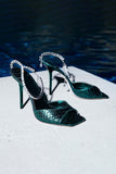 Sparkly Dark Green Rhinestones Stilettos High Heels Sandal with Ankle Chain