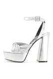 Silver Open Toe Chunky Patent Platform High Heels Pumps with Ankle Strap