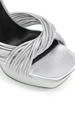 Silver Open Toe Chunky Patent Platform High Heels Pumps with Ankle Strap