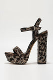 Open Toe Coffee Leopard Print Chunky Prom High Heels Pumps with Rhinestones