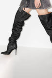 Sparkly Silver Rhinestones Stilettos Over The Knee Prom Boots