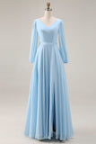 Sky Blue Chiffon A-Line V Neck Long Wedding Guest Dress with Slit