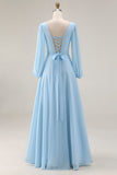 Sky Blue Chiffon A-Line V Neck Long Wedding Guest Dress with Slit