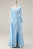 Sky Blue Chiffon A-Line V Neck Long Wedding Guest Dress with Slit
