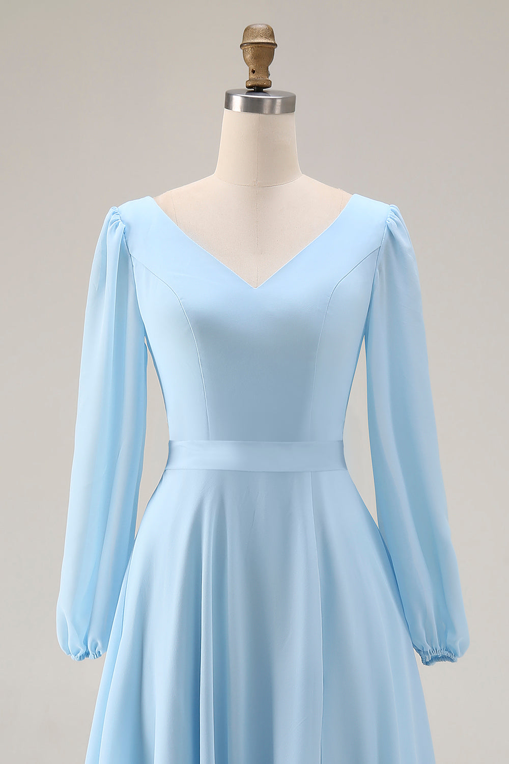 ZAPAKA Women Sky Blue Chiffon Wedding Guest Dress with Sleeves A-Line V