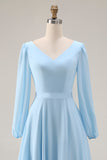 Sky Blue Chiffon A-Line V Neck Long Wedding Guest Dress with Slit