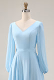 Sky Blue Chiffon A-Line V Neck Long Wedding Guest Dress with Slit