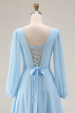 Sky Blue Chiffon A-Line V Neck Long Wedding Guest Dress with Slit
