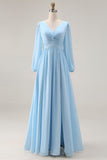 Sky Blue Ruched A-Line V Neck Long Sleeves Wedding Guest Dress with Slit