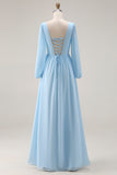 Sky Blue Ruched A-Line V Neck Long Sleeves Wedding Guest Dress with Slit