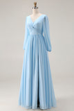 Sky Blue Ruched A-Line V Neck Long Sleeves Wedding Guest Dress with Slit