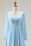Sky Blue Ruched A-Line V Neck Long Sleeves Wedding Guest Dress with Slit