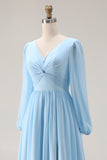 Sky Blue Ruched A-Line V Neck Long Sleeves Wedding Guest Dress with Slit