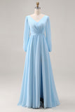 Sky Blue V Neck Long Sleeves Ruched Wedding Guest Dress with Slit