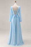 Sky Blue V Neck Long Sleeves Ruched Wedding Guest Dress with Slit