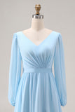 Sky Blue V Neck Long Sleeves Ruched Wedding Guest Dress with Slit