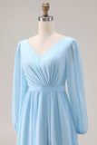 Sky Blue V Neck Long Sleeves Ruched Wedding Guest Dress with Slit