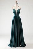 Dark Green Halter A Line Pleated Long Prom Dress with Slit