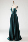 Dark Green Halter A Line Pleated Long Prom Dress with Slit