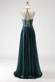 Dark Green Halter A Line Pleated Long Prom Dress with Slit