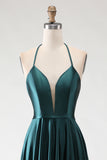 Dark Green Halter A Line Pleated Long Prom Dress with Slit