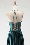 Dark Green Halter A Line Pleated Long Prom Dress with Slit