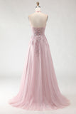 Blush Pink Halter Corset Appliqued A Line Long Prom Dress with Slit