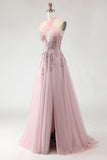 Blush Pink Halter Corset Appliqued A Line Long Prom Dress with Slit