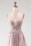 Blush Pink Halter Corset Appliqued A Line Long Prom Dress with Slit