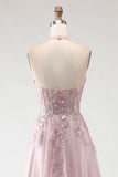 Blush Pink Halter Corset Appliqued A Line Long Prom Dress with Slit