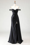 Off the Shoulder Black Mermaid Sequin Long Prom Dress with Slit
